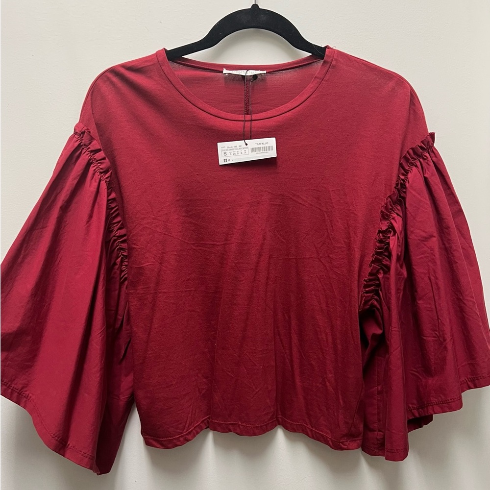 Zara Trafaluc Ruffle Bell Sleeve Crop Top Raw Edge Round neck Crop Blouse SzS